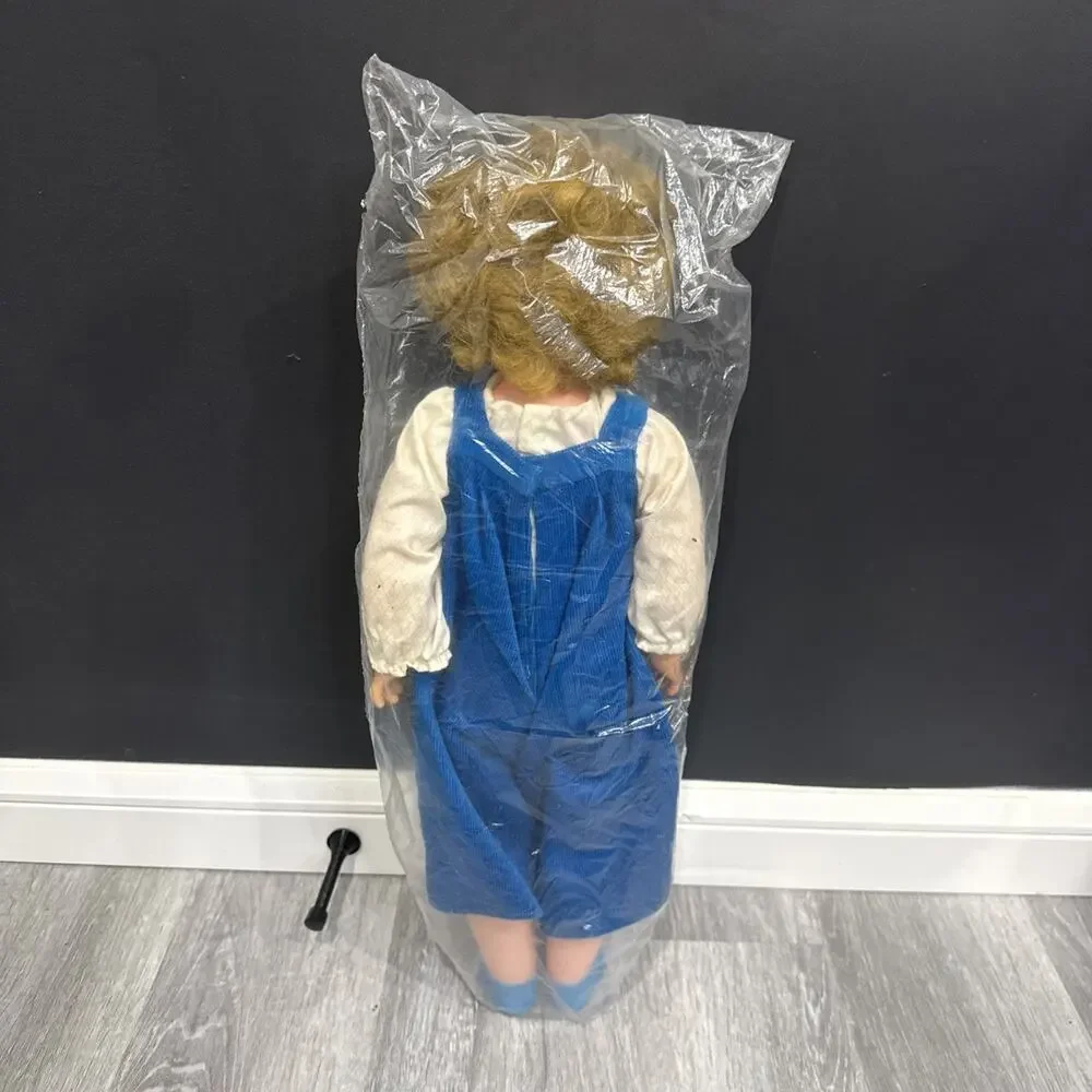 Vintage 19” Hard Plastic Blonde Girl Blue Jumper Overall Outfit *